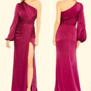 Mac Duggal Fuchsia One-Shoulder Long Sleeve Side Slit Ruched Gown